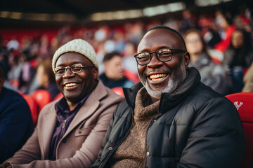 Smiling African male friends enjoying a live sports event capturing happiness joy and camaraderie among audience at a stadium ideal for leisure and entertainment industries - obrazy, fototapety, plakaty