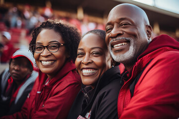 Smiling African American friends enjoying a sports event showcasing togetherness happiness and team spirit in a live entertainment atmosphere