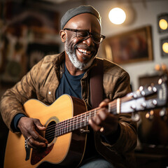 Obraz premium Happy African American mature adult playing acoustic guitar in a cozy indoor setting for leisure and entertainment