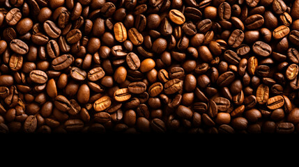 Obraz premium Roasted coffee beans on black background, Top view with space, can be use as background or texture with sample text