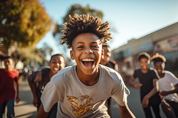 Group of joyful children running together on a sunny urban street conveying happiness freedom and friendship - obrazy, fototapety, plakaty