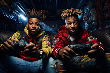 Teenage Black friends engaged in a night video game competition exuding concentration and excitement indoor gaming industry