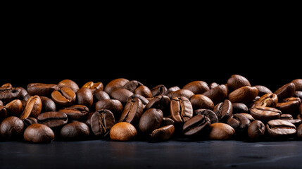 Roasted coffee beans on black background, Top view with space, can be use as background or texture with sample text