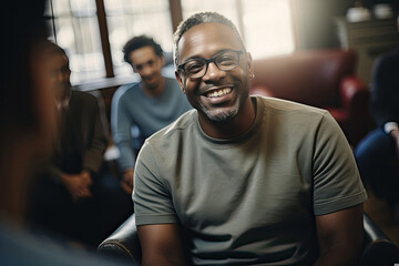 Obraz premium Close-up of a smiling Black man enjoying a social gathering with friends conveying warmth happiness and a casual relaxed lifestyle, perfect for community and lifestyle advertising