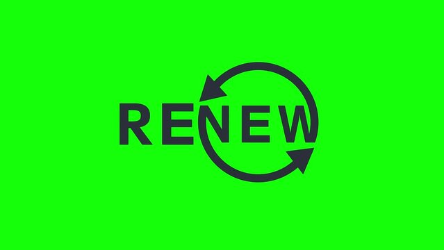 The word lettering is renew. Sustainable, logo. Reworking, renewable, recycling, renewal, remake. Animated icon on a green background, 4K.