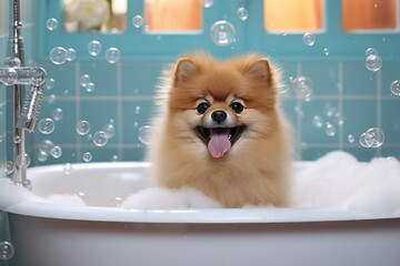 A happy dog takes a bath with foam and soap bubbles in pet grooming salon. Caring for the charming...