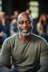 Obraz premium Confident African American man with glasses smiling at a seminar representing mentorship and community engagement in personal development