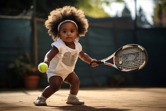 Lovely african american little girl baby with tennis racket