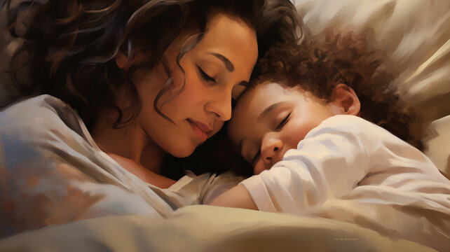 Embracing Dreams: Mother and Small Children in Cozy Nap time, a Cherished Family Bond.