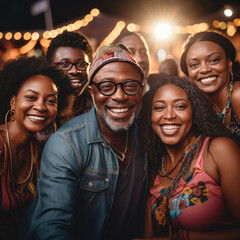 Group of happy Black friends celebrating together at a vibrant nighttime outdoor event showcasing diversity and joyful connections