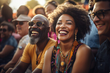 Joyful multiethnic group enjoying a sunny outdoor festival ideal for entertainment and social gathering related promotions - obrazy, fototapety, plakaty