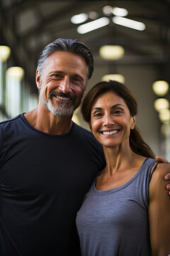 Smiling mature adult fitness couple embracing at gym showcasing active lifestyle health and affection