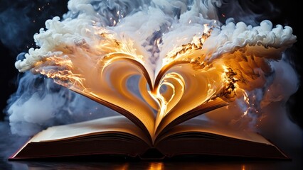 An open book with its pages forming a heart shape ignites into flames, engulfed in smoke, symbolizing the intense passion for knowledge and the volatile power of information. - obrazy, fototapety, plakaty
