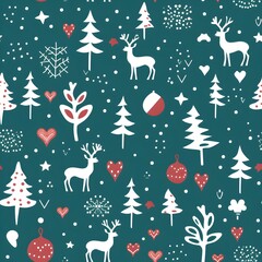 christmas elements on green background seamless pattern