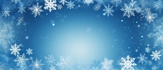 Fototapeta na wymiar Snowflake border,Christmas background with white snowflakes frame on a blue background with copy space .