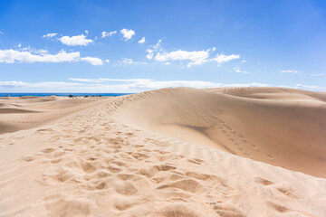 Gran Canaria Maspalomas. Shot from the Dunes with Sand and Sun and the Beach.