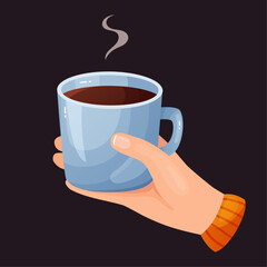 Cup hands. On a dark background, a mug of hot coffee