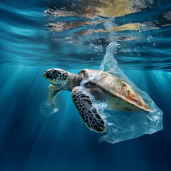 Underwater scene of a turtle stucks in plastic