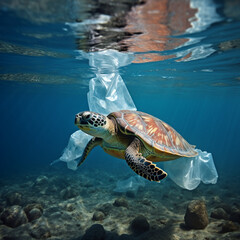 Underwater scene of a turtle stucks in plastic 