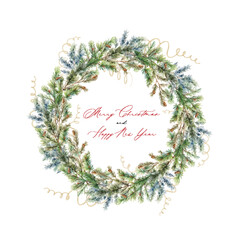 Watercolor wreath of fir branches with text Merry Christmas - 682368496