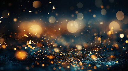 Background of abstract glitter lights. blue, gold and black. AI generative