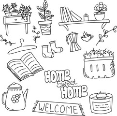Hand drawn set of home hygge doodles. Coziness and comfortable lifestyle, cozy home. Cushion, house plant, mask for sleep, socks in sketch style. Vector illustration isolated on white background.