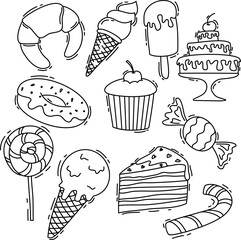 Desserts and sweets doodle set. Candies, chocolate, cakes, donut, ice cream in sketch style. Hand drawn vector illustration isolated on white background