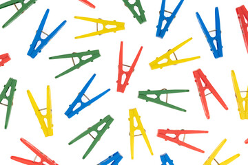 Household сlothes pins isolated on white background. colorful plastic clothespin