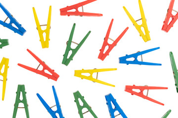 Household сlothes pins isolated on white background. colorful plastic clothespin