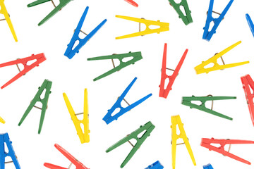 Household сlothes pins isolated on white background. colorful plastic clothespin