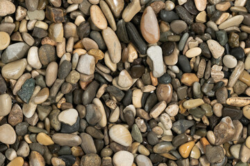 Nature wet sea pebbles background texture. natural aquarium soil. beach pebbles close up