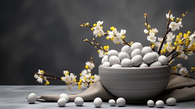 A bowl with Easter eggs and a flowering branch on a gray background.
