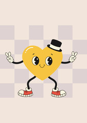groovy postcard template heart character, on background