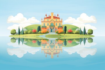 belvedere of italianate house over a calm lake, magazine style illustration