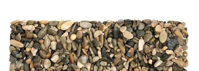 Wet sea pebbles isolated on white background. natural aquarium soil. beach pebbles texture close up