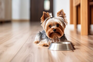An obedient dog on the wooden floor near a bowl of food and waits for permission. Charming Yorkshire terrier puppy. Generative AI.