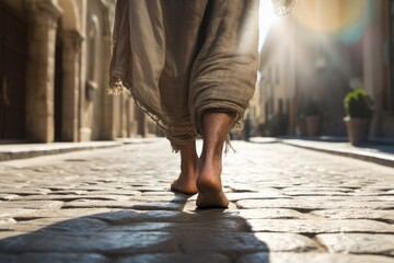 Feet of Jesus Christ standing on old road. Christianity, gospel, salvation, discipleship concept