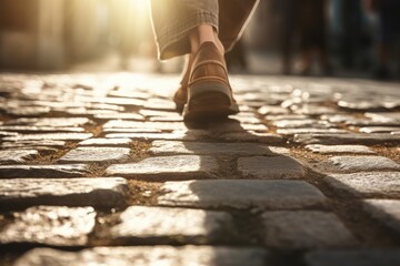 Feet of Jesus Christ standing on old road. Christianity, gospel, salvation, discipleship concept