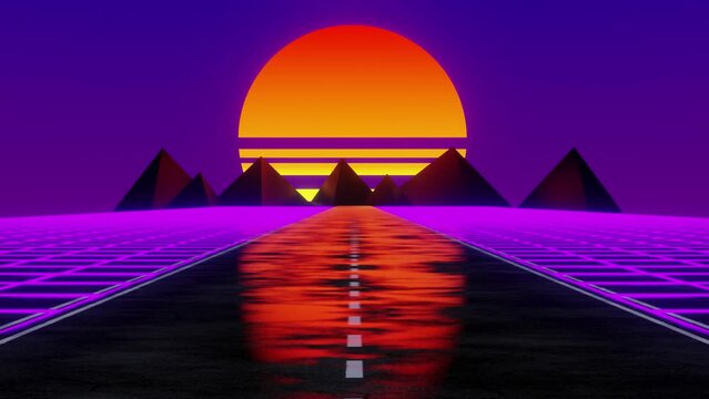 Synthwave Sunset: 80s Style Animation Background in Motion - Seamless Loop 3D Animation