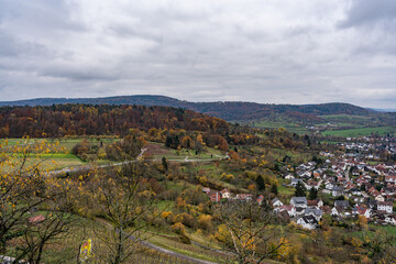 Beautiful view of valley, mountains, Alb, autumn view. Colorful colors. view of small town.