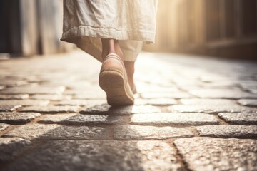 Feet of Jesus Christ standing on old road. Christianity, gospel, salvation, discipleship concept