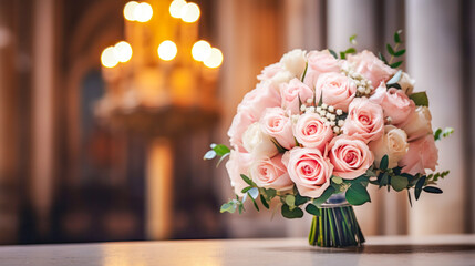 Obraz premium Romantic soft pink rose bouquet, poised for a wedding against a warm church interior backdrop with burning candles, symbolizing matrimonial bliss and sacred vows. Wedding concept. Copy space