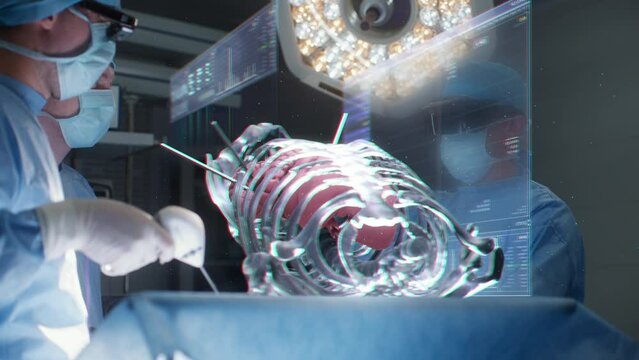 Surgeons perform laparoscopy operation in hospital surgery room wearing AR headsets. 3D graphics of virtual hologram showing human organs and cardiogram. VFX animation. AI technologies in medicine.