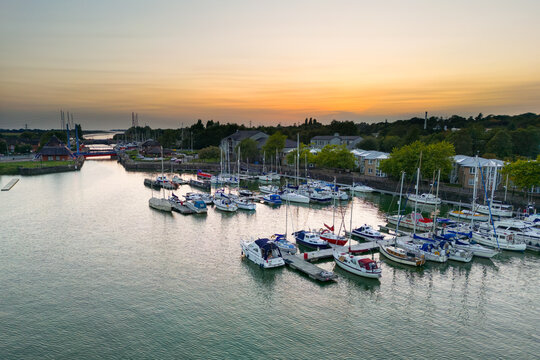 Preston, Lancashire, UK, September 05, 2023; Aerial Panoramic View of the Re-Developed Docks area and New Marina at sunset in Preston, Lancashire, England