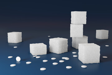 Heap of white sugar cubes and pills on blue background. Illustration of the concept of artificial sweetener and diabetes - obrazy, fototapety, plakaty