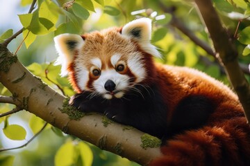 A red panda lying on a tree branch with green leaves hanging its long tail