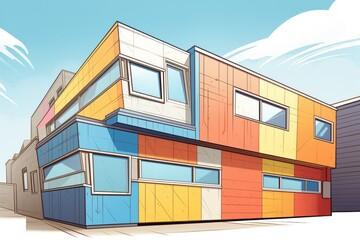 colored metal cladding on a modern loft building, magazine style illustration