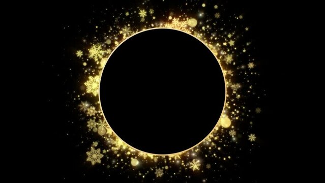 Looped animated elegant Christmas background of a black circle with copy space and golden sparkling star particles and snowflakes on black background