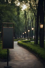 An empty trail in a peaceful park with signboards for product mockup  AI generated illustration