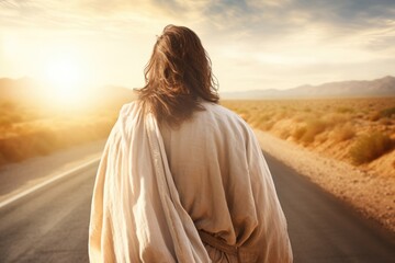 Jesus Christ walking old road. Christianity, gospel, salvation, discipleship concept - 682373636